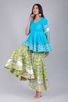 Buy_POMCHA JAIPUR_Blue Cotton Printed Spring Leaf Neck Metallic Striped Kurta Sharara Set _Online_at_Aza_Fashions