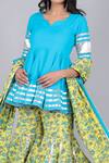 POMCHA JAIPUR_Blue Cotton Printed Spring Leaf Neck Metallic Striped Kurta Sharara Set _at_Aza_Fashions