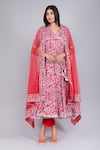 Pomcha Jaipur_Red Cotton, Net Embroidery V-neck Floral Pattern Angrakha Pant Set _Online_at_Aza_Fashions