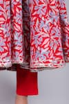 Pomcha Jaipur_Red Cotton, Net Embroidery V-neck Floral Pattern Angrakha Pant Set _at_Aza_Fashions