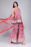 Buy_Pomcha Jaipur_Red Cotton, Net Zari Floret Print Anarkali Sharara Set _Online_at_Aza_Fashions