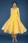 Shop_Pomcha Jaipur_Yellow Organza, Cotton Tassels Round Neck Flora Print Anarkali Pant Set _Online_at_Aza_Fashions