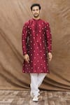 Buy_Aham-Vayam_Wine Silk Blend Floral Kamal Embroidered Kurta Set _at_Aza_Fashions