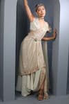 Shop_Aditi Gupta_Blue , Georgette, Satin Floral Embroidered Pre-draped Saree With Blouse _at_Aza_Fashions