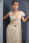 Aditi Gupta_Blue , Georgette, Satin Floral Embroidered Pre-draped Saree With Blouse _Online_at_Aza_Fashions
