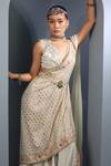 Shop_Aditi Gupta_Blue , Georgette, Satin Floral Embroidered Pre-draped Saree With Blouse _Online_at_Aza_Fashions