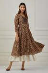 Buy_Musal_Beige 100% Cotton And Chanderi Kalamkari Print V Neck Chad Kurta With Slip_Online_at_Aza_Fashions