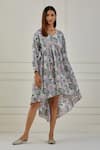 Buy Musal Grey 100% Cotton Floral Print V Neck Michigan High Low Dress at Aza Fashions Buy_Musal_Grey 100% Cotton Floral Print V Neck Michigan High Low Dress _at_Aza_Fashions