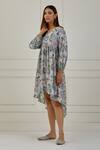 Shop Musal Grey 100% Cotton Floral Print V Neck Michigan High Low Dress at Aza Fashions Shop_Musal_Grey 100% Cotton Floral Print V Neck Michigan High Low Dress _at_Aza_Fashions