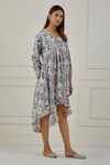 Musal Grey 100% Cotton Floral Print V Neck Michigan High Low Dress Online at Aza Fashions Musal_Grey 100% Cotton Floral Print V Neck Michigan High Low Dress _Online_at_Aza_Fashions