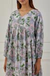 Buy Musal Grey 100% Cotton Floral Print V Neck Michigan High Low Dress Online at Aza Fashions Buy_Musal_Grey 100% Cotton Floral Print V Neck Michigan High Low Dress _Online_at_Aza_Fashions