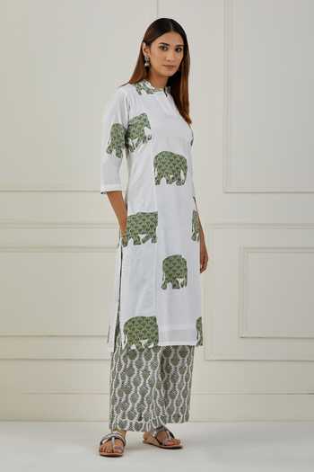 Musal_White Gajanan Printed Kurta Palazzo Set _Online_at_Aza_Fashions