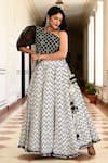 Buy_Yuvraani Jaipur_Black Silk, Shantoon Chevron, Gota, Jaal Asymmetric Print Lehenga With Blouse _at_Aza_Fashions