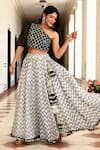 Yuvraani Jaipur_Black Silk, Shantoon Chevron, Gota, Jaal Asymmetric Print Lehenga With Blouse _Online_at_Aza_Fashions