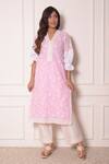 Buy_Surabhi Arya_Pink Kota Doriya Embroidered Thread Work V Neck Kurta And Pant Set _at_Aza_Fashions