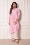Buy_Surabhi Arya_Pink Chanderi Geometric Applique Work Band Collar Kurta And Pant Set _at_Aza_Fashions