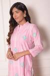 Surabhi Arya_Pink Chanderi Geometric Applique Work Band Collar Kurta And Pant Set _at_Aza_Fashions