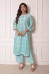 Buy_Surabhi Arya_Blue Organza, Chanderi Thread , Applique Geometric Kurta And Pant Set_at_Aza_Fashions