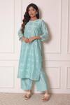 Surabhi Arya_Blue Organza, Chanderi Thread , Applique Geometric Kurta And Pant Set_Online_at_Aza_Fashions
