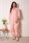 Surabhi Arya_Peach Chanderi Thread Work V Neck Embroidered Kurta And Pant Set _Online_at_Aza_Fashions