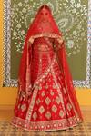 Shop_Amrin Khan_Red Raw Silk Zardozi Floral Motifs Leaf Neck Embroidered Bridal Lehenga Set _at_Aza_Fashions