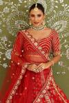 Buy_Amrin Khan_Red Raw Silk Zardozi Floral Motifs Leaf Neck Embroidered Bridal Lehenga Set _Online_at_Aza_Fashions