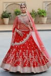 Buy_Amrin Khan_Red Raw Silk Zardozi Floral Motifs Leaf Neck Embroidered Bridal Lehenga Set _at_Aza_Fashions