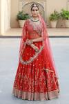 Shop_Amrin Khan_Red Raw Silk Zardozi Floral Motifs Leaf Neck Embroidered Bridal Lehenga Set _at_Aza_Fashions