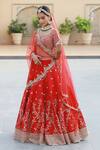 Amrin Khan_Red Raw Silk Zardozi Floral Motifs Leaf Neck Embroidered Bridal Lehenga Set _Online_at_Aza_Fashions