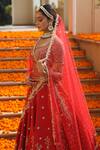 Shop_Amrin Khan_Red Raw Silk Zardozi Floral Motifs Leaf Neck Embroidered Bridal Lehenga Set _Online_at_Aza_Fashions