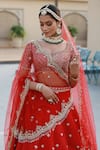 Amrin Khan_Red Raw Silk Zardozi Floral Motifs Leaf Neck Embroidered Bridal Lehenga Set _at_Aza_Fashions