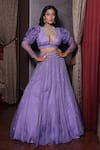 Buy_Amrin khan_Purple Organza Embroidered Sequins Plunge V Neck Lehenga Set _at_Aza_Fashions