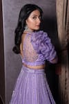 Amrin khan_Purple Organza Embroidered Sequins Plunge V Neck Lehenga Set _at_Aza_Fashions