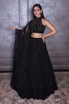 Buy_Amrin khan_Black Satin Silk Embroidered Cutdana High Neck Layered Lehenga Set _at_Aza_Fashions