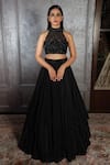 Shop_Amrin khan_Black Satin Silk Embroidered Cutdana High Neck Layered Lehenga Set _at_Aza_Fashions