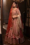 Buy_Amrin Khan_Red Chanderi Silk Zardozi Floral Motifs Plunge V Embroidered Bridal Lehenga Set _at_Aza_Fashions