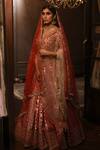 Shop_Amrin Khan_Red Chanderi Silk Zardozi Floral Motifs Plunge V Embroidered Bridal Lehenga Set _at_Aza_Fashions