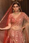 Shop_Amrin Khan_Red Chanderi Silk Zardozi Floral Motifs Plunge V Embroidered Bridal Lehenga Set _Online_at_Aza_Fashions
