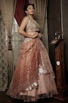 Amrin khan_Peach Embroidered Sequins Round Raw Silk Layered Lehenga Set _Online_at_Aza_Fashions