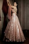 Shop_Amrin khan_Peach Embroidered Sequins Round Raw Silk Layered Lehenga Set _Online_at_Aza_Fashions