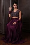 Shop_Amrin khan_Wine Satin Silk Embroidered Cutdana V Neck Lehenga Set _Online_at_Aza_Fashions