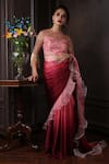 Buy_Amrin khan_Red Satin Silk Embroidered Cutdana Boat Ombre Ruffle Saree With Blouse  _Online_at_Aza_Fashions