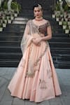 Buy_Amrin khan_Peach Raw Silk Embroidered Sequin Scoop Neck Bridal Lehenga Set _at_Aza_Fashions