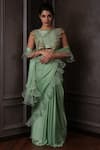 Buy_Amrin khan_Green Satin Silk Embroidered Cutdana Boat Ruffle Saree With Blouse  _at_Aza_Fashions