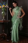 Shop_Amrin khan_Green Satin Silk Embroidered Cutdana Boat Ruffle Saree With Blouse  _at_Aza_Fashions