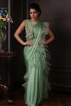 Buy_Amrin khan_Green Satin Silk Embroidered Cutdana Boat Ruffle Saree With Blouse  _Online_at_Aza_Fashions