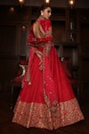 Shop_Amrin khan_Red Raw Silk Embroidered Cutdana High Neck Bridal Lehenga Set _at_Aza_Fashions