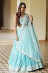 Amrin khan_Blue Raw Silk Embroidered Mirror Work V Neck Ornamented Ombre Lehenga Set _Online_at_Aza_Fashions