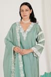 JDang.Label_Green Embroidered Machine V Neck Chanderi Cotton Kurta Set_Online_at_Aza_Fashions