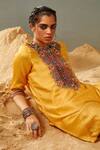 Samatvam By Anjali Bhaskar_Yellow Blended Georgette Satin Mirror, Bandhani Round Print Kurta Set_at_Aza_Fashions